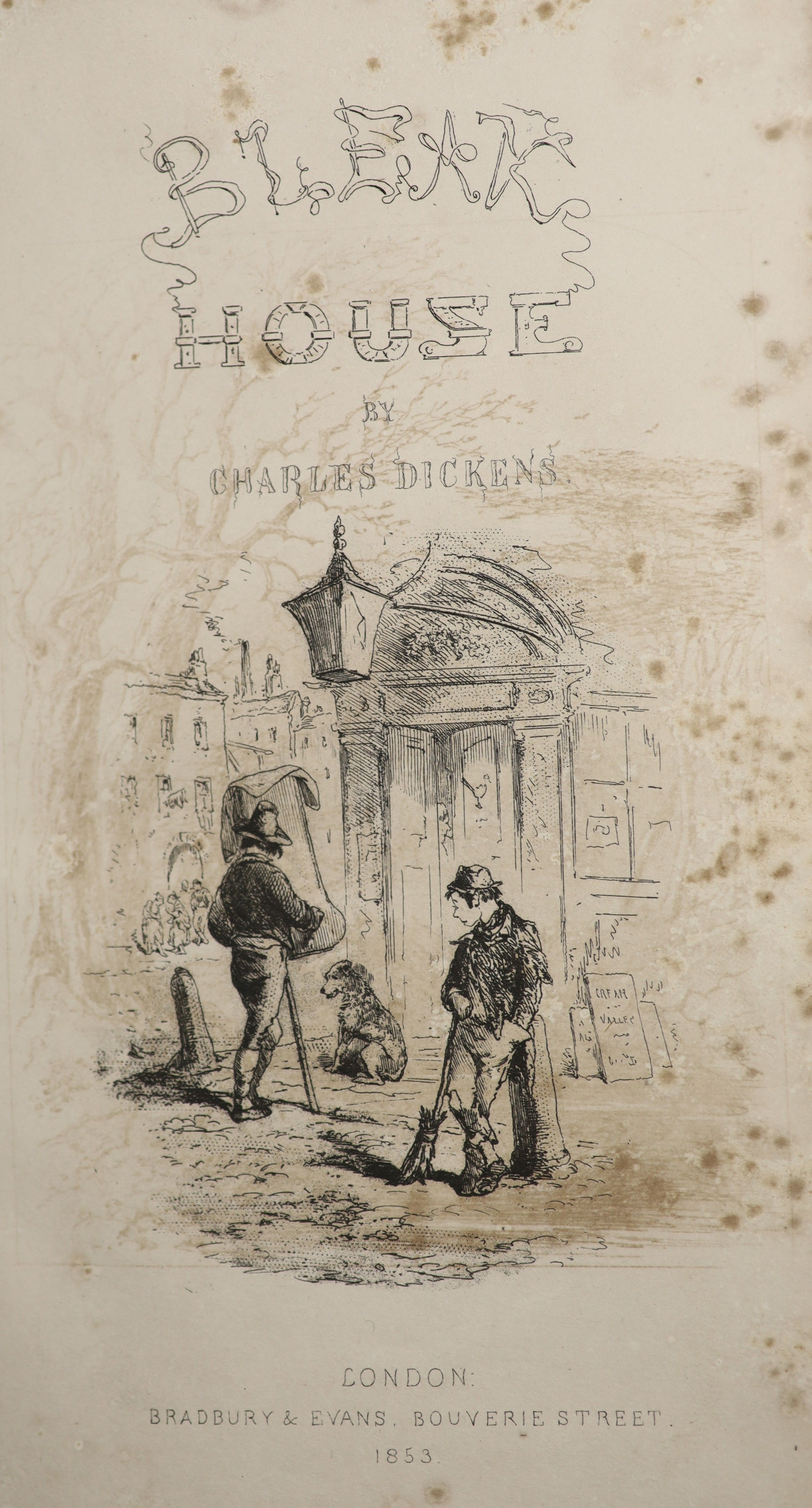 Dickens, Charles. Five Novels - first / early editions, viz, Bleak House, Dombey and Son, Nicholas Nickleby, Our Mutual Friend, Pickwick Papers, half leather bindings (Dombey binder's cloth), most plates present (but sta